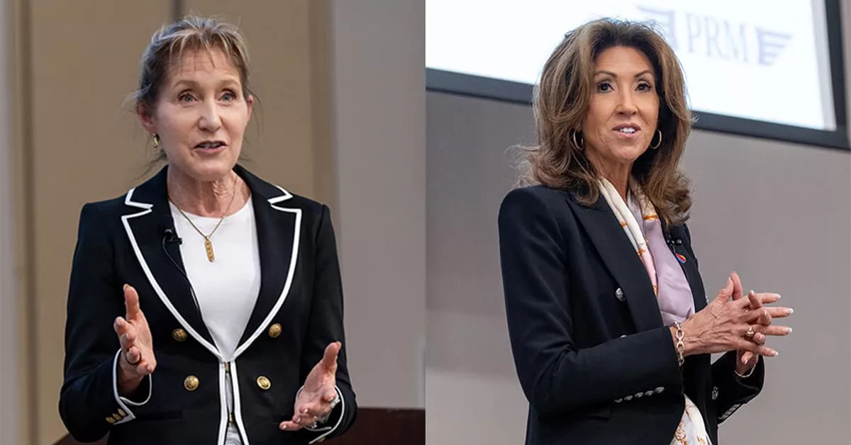 Air Force leader Maj. Gen. Jeannie Leavitt, who is now dean of Embry‑Riddle’s College of Aviation on the Prescott Campus, and Tammie Jo Schults, an airline captain and former naval aviator, speak at a “Safer Skies” event at Embry‑Riddle. (Photos: Embry‑Riddle/David Massey)
